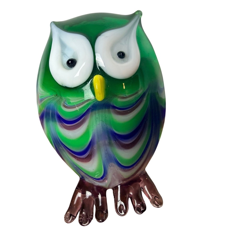 IBSEN Denmark Glass Owl Figurine Green Blue Swirl Collectible Art‎